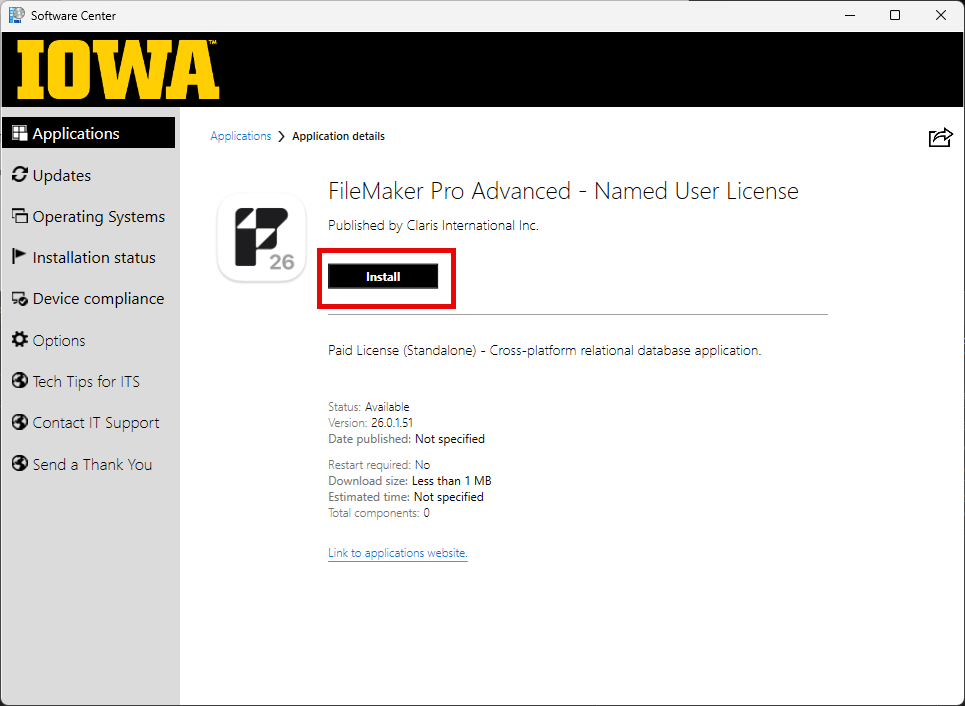 Screenshot showing Software Center details for FileMaker 26 - Named user license.