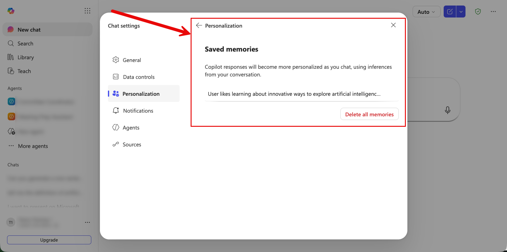 Screenshot of Saved Memory in Copilot Chat