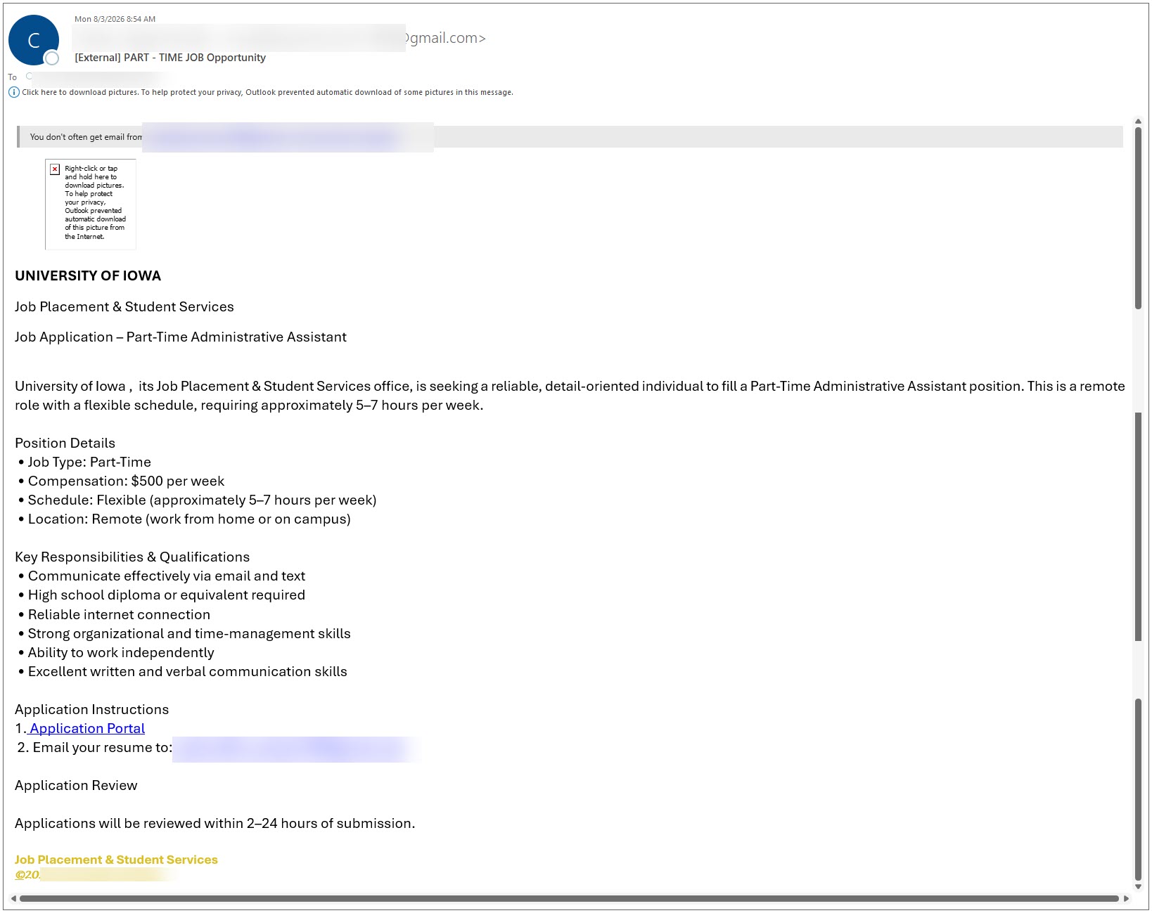 phishing message advertising part time job opportunity