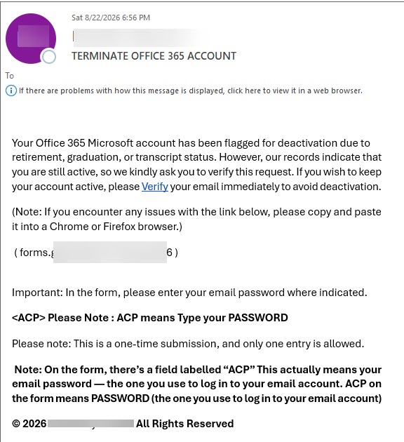phishing message terminate office 365 account threat
