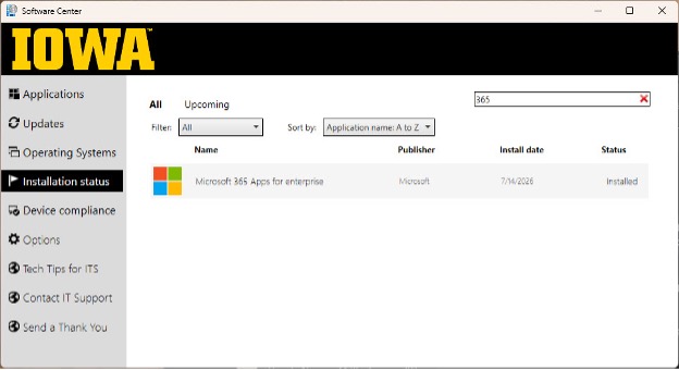 Software Center Installation status filtered by the search term 365, showing Microsoft 365 Apps for enterprise listed as Installed.