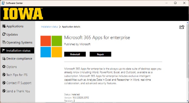 Application details page for Microsoft 365 Apps for enterprise, showing the Uninstall and Repair buttons.