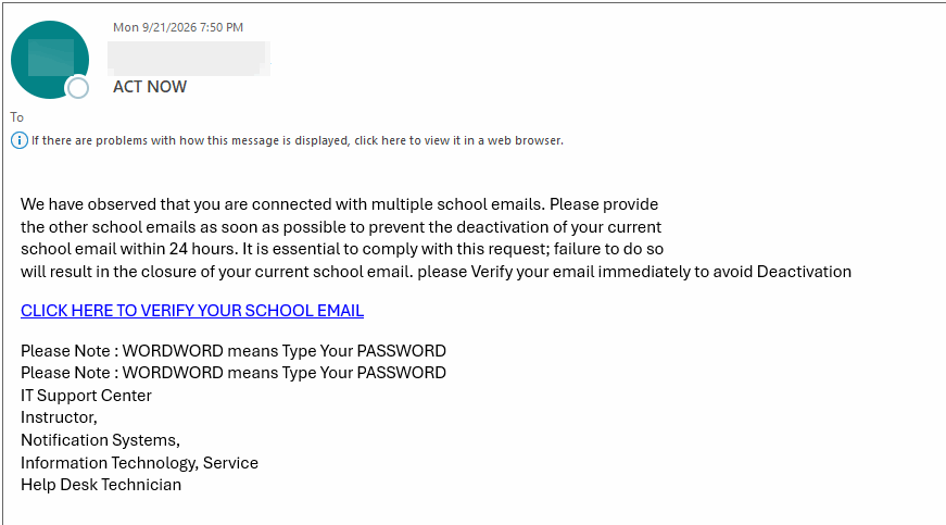 screenshot of Act Now phishing email message