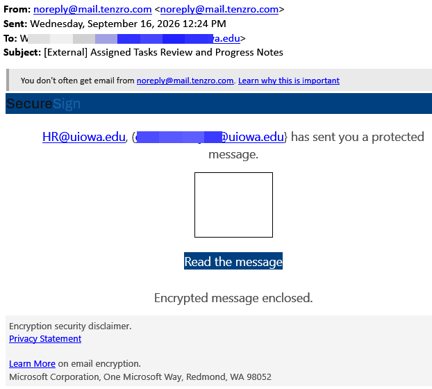 image of phish message from noreply@mail.tenzro.com and HR