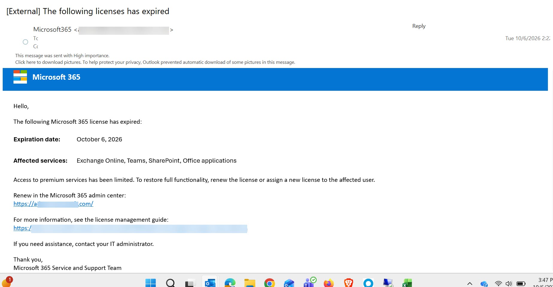 phishing message license expired microsoft