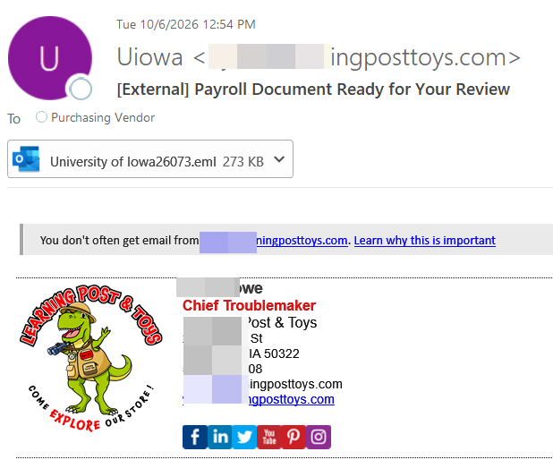 Image of phish message with text starting with "External Payroll Document Ready for Your Review"