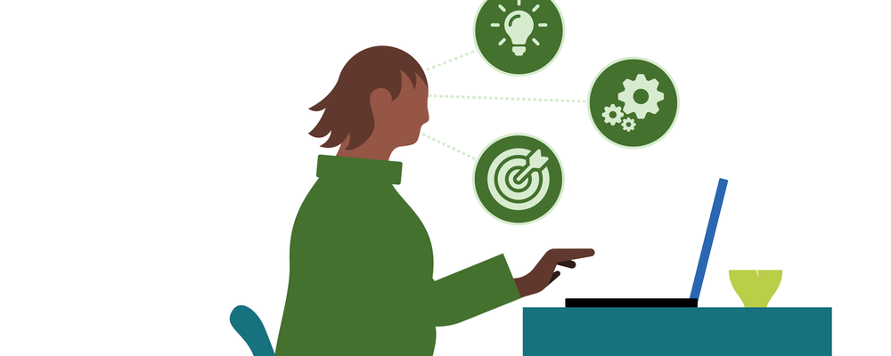 graphic art of a person sitting at a desk with a laptop along with icons of a lightbulb, cogs, and a dartboard
