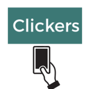 A sign that says clickers with a hand holding a cell phone below it