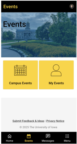 Events section of the app showing options for Campus Events and My Events.