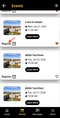 Events list in the app showing the option to mark events as favorites.