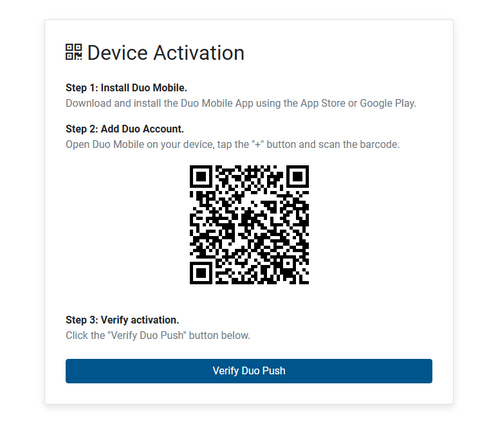 device activation screen with a QR code example to scan