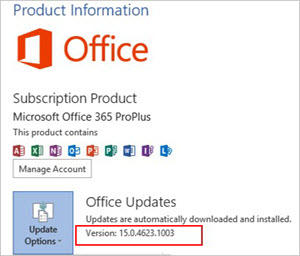 Office Updates red box around the version number 