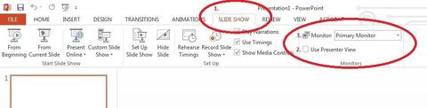 red circles around slideshow tab, monitor and use presenter view 