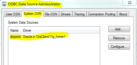 ODBC Data Source Administrator. System DSN tab. 