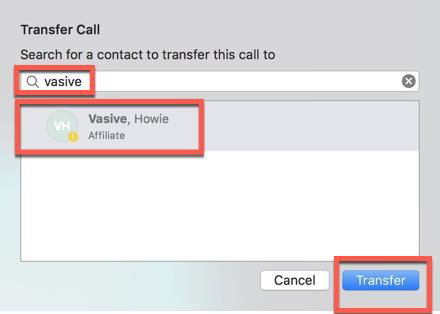 Button showing where to select user to transfer call to