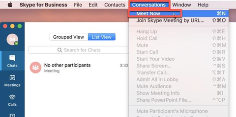 Conversations menu showing "Meet now" menu option to create a conference call