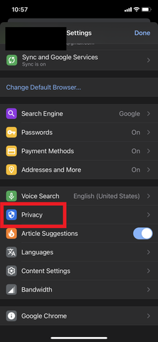 Sekretessmeny markerad i Google Chrome för iOS