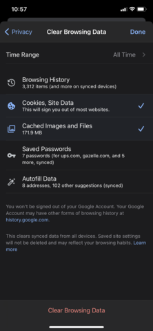 Meny som visar "All Time", Cookies, Webbplatsdata och "Cachade bilder och filer" valda i menyn Rensa webbläsardata i Google Chrome för iOS