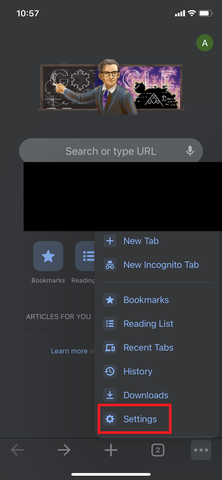 Settings highlighted in Google Chrome for iOS