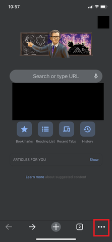 Menyn med tre punkter längst ner till höger markerad i Google Chrome för iOS