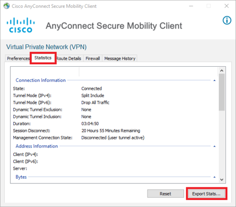 Cisco AnyConnect Settings Window