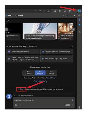 Screenshot of the Edge Browser with an arrow pointing to the Copilot icon in the top right corner and an arrow pointing to the sign-in link in the bottom left.
