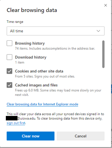 Clear browsing dat amenu in Microsoft Edge with All time, Cookies and other site data, and Cached images and files selected