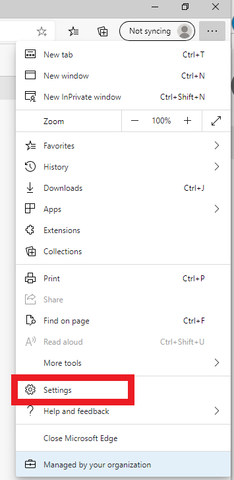 Inställningsmeny markerad i menyn Inställningar och mer (Alt + F4) i Microsoft Edge