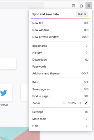 Options menu highlighted after choosing Open menu button in Mozilla Firefox