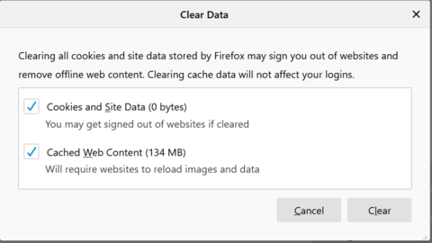 Cookies och webbplatsdata och cachelagrat webbinnehåll har båda valts för att raderas i Mozilla Firefox