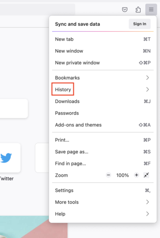 History menu highlighted after choosing Tools menu button in Mozilla Firefox