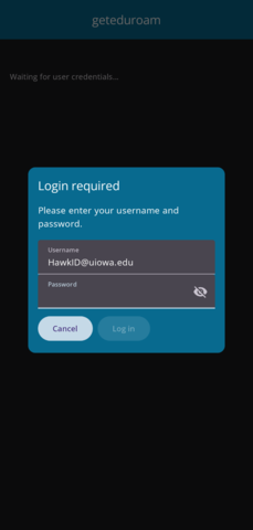 geteduroam app  - Enter HawkID and Password