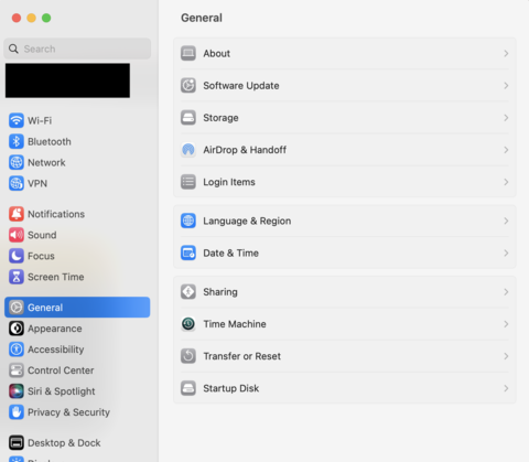 System settings page is open with the General tap on the left-side menu is highlighted