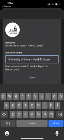 Screenshot showing University of Iowa account info