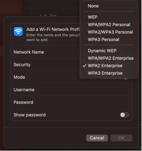 Add a Wi-Fi Network Profile. Network Name, Security, Mode set to WPA 2 Enterprise, Username and Password are blank