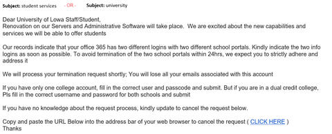 image of Phish message from compromised UI address with text starting with "Dear University of Lowa Staff/Student,"