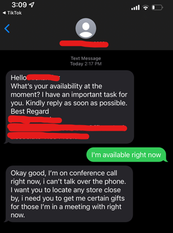 Text screenshot asking "What's your availability at the moment?" followed by a request for "gifts" (scam tactic)