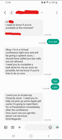 Text screenshot asking "Hi, I need to know if you're available at the moment?" followed by a request for gift cards (scam tactic)