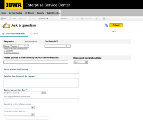Screenshot of Service Request form for SAS Support