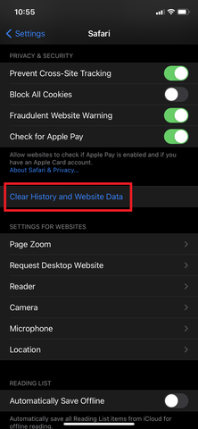 Safari menu in iOS Settings with blue Clear History and Website Data highlighted