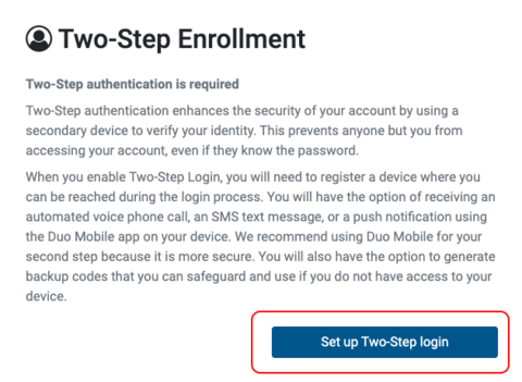 Screen shot showing Two-Step Login enrollment info