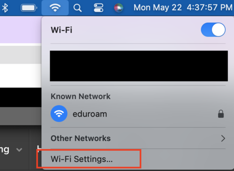 Wifi Icon Selected with eduroam as a known network and Wi-Fi Settings... highlighted
