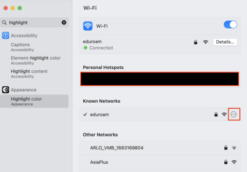 Pop-up box that display the Wi-Fi settings for a Mac, The three dots next to the known network eduroam is highlighted