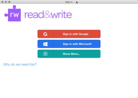 Read&Write sign-in screen showing Google Microsoft and more options
