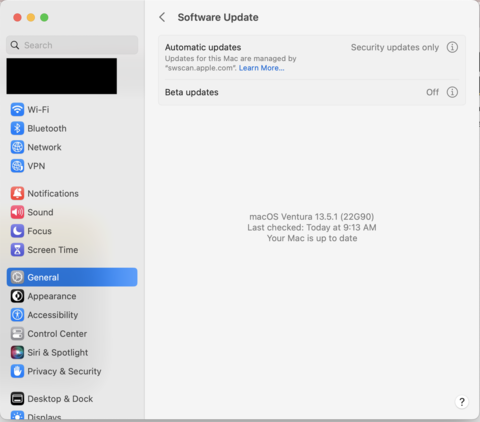Software Update page is on the system settings window with no updates to be made.