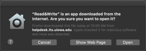 Mac prompt asking if should open Read&Write since it is downloaded from the internet