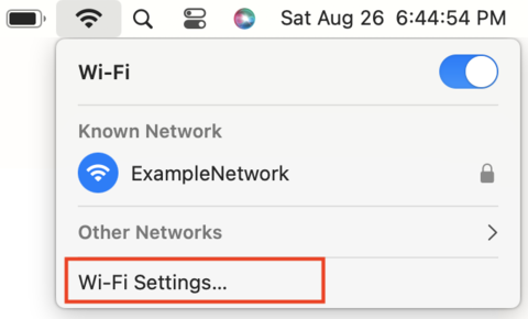 Pop-up box displayed when clicking on Wi-Fi icon in the upper right corner with Wi-Fi Settings highlighted