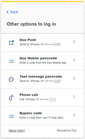 screenshot of other options menu for duo authentication with devices listed