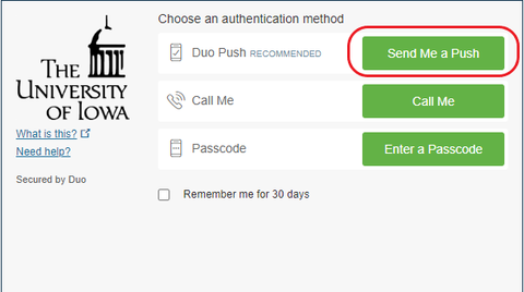 screenshot of duo authentication screen showing that you click send me a push
