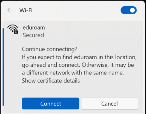 Prompt from wireless settings to accept new eduroam certificate